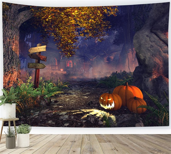 Halloween Toile de fond Maison hantée forêt brumeuse et citrouilles BRP10-207