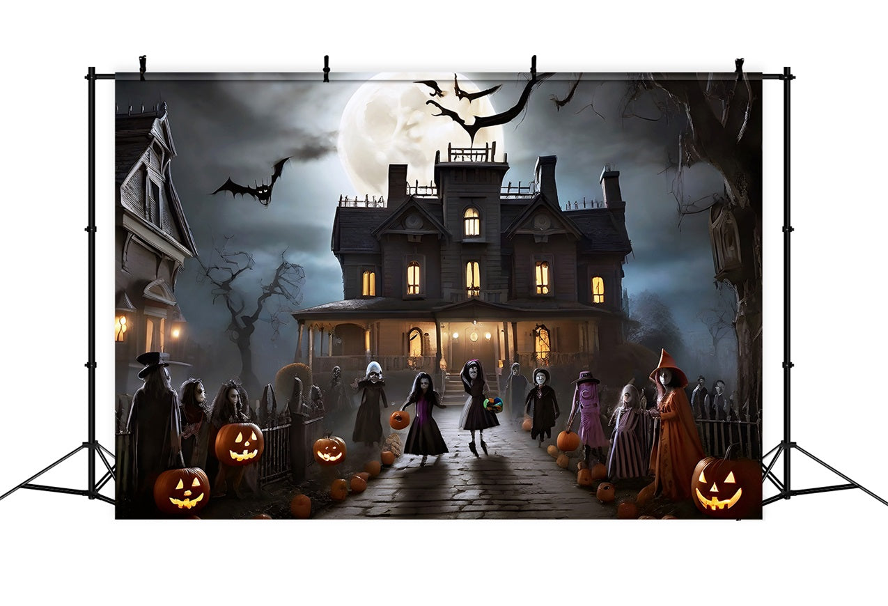 Halloween Toile de fond Manoir la nuit avec enfants déguisés et chauves-souris BRP10-210