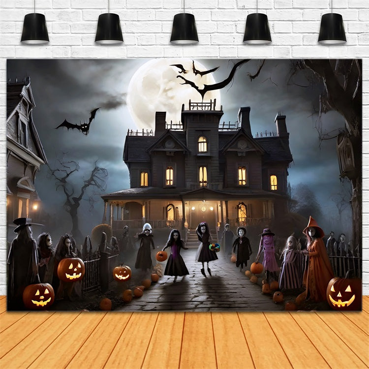 Halloween Toile de fond Manoir la nuit avec enfants déguisés et chauves-souris BRP10-210