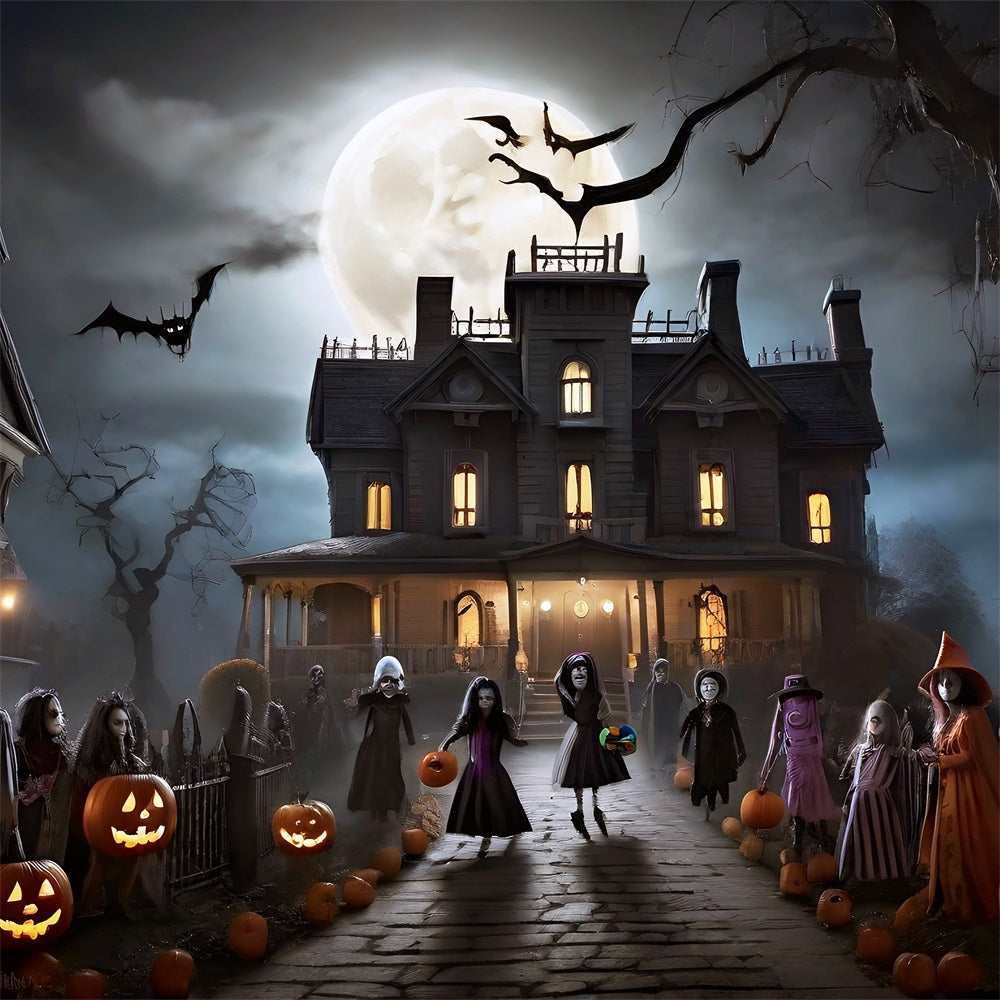 Halloween Toile de fond Manoir la nuit avec enfants déguisés et chauves-souris BRP10-210