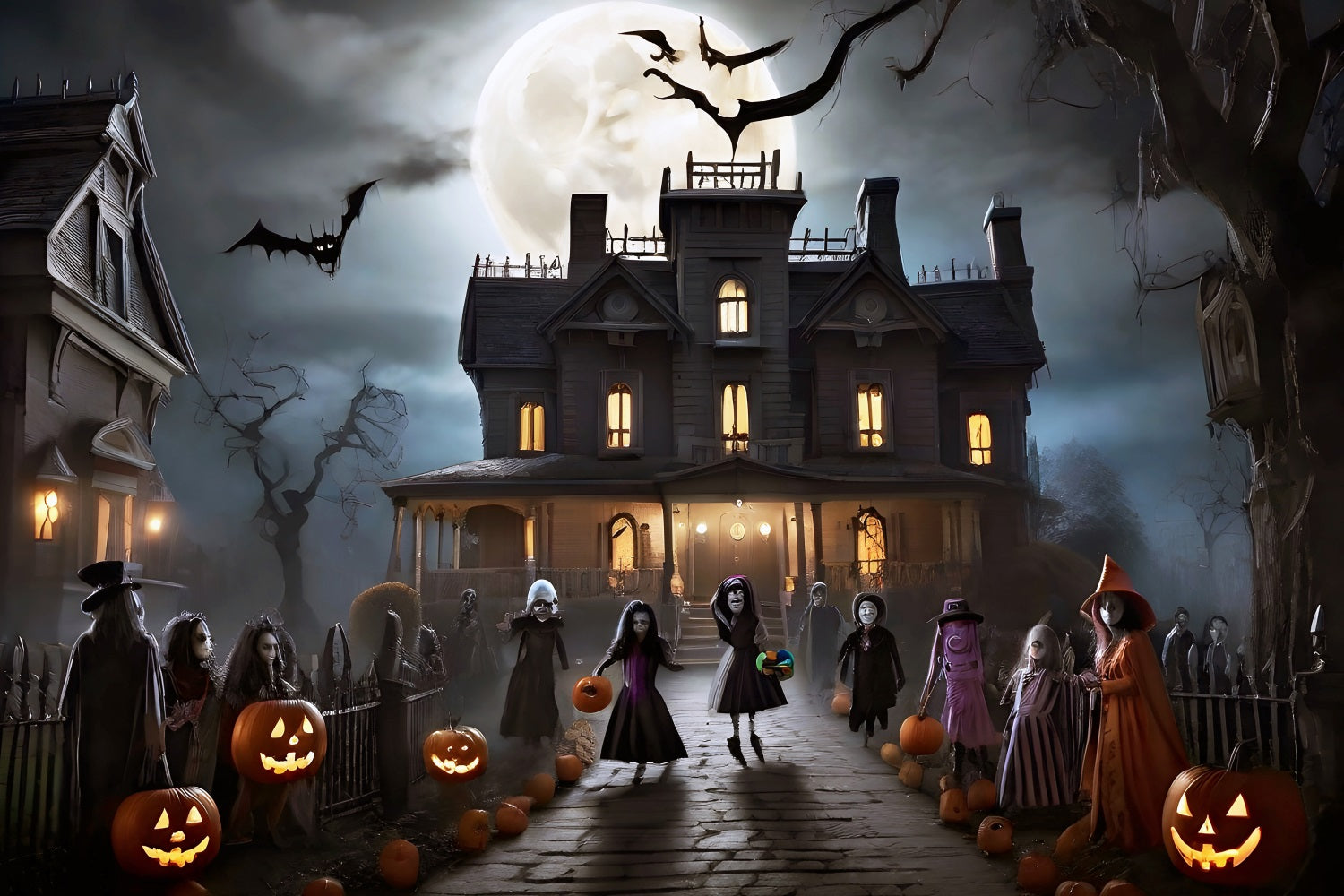 Halloween Toile de fond Manoir la nuit avec enfants déguisés et chauves-souris BRP10-210