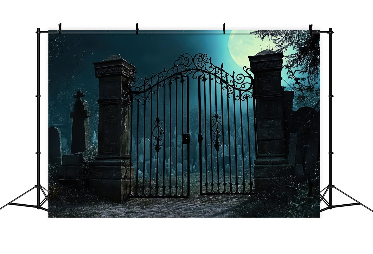 Halloween Toile de fond Portes du cimetière avec lune et chauves-souris BRP10-212