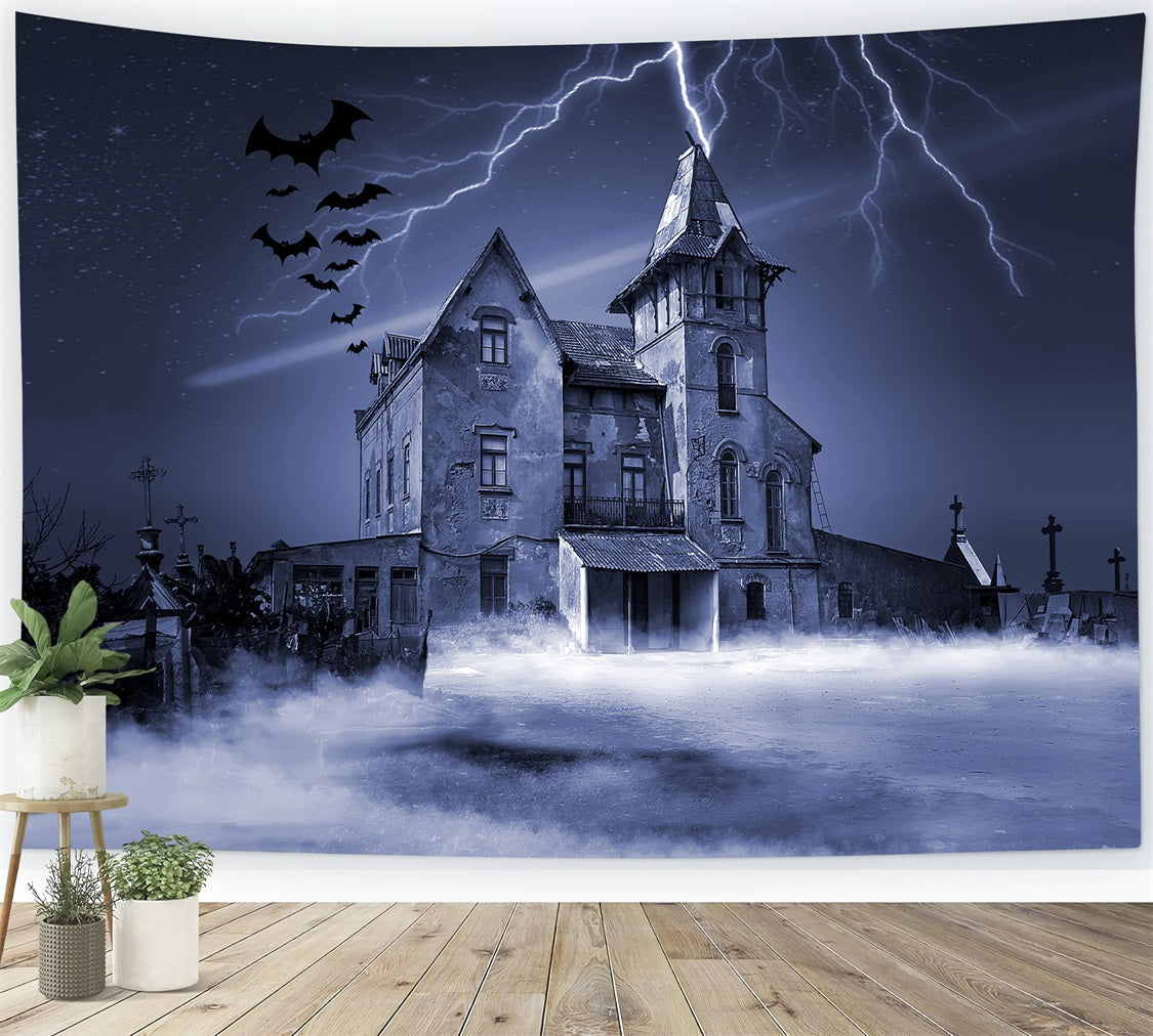 Halloween Toile de fond Maison hantée avec éclair et chauves-souris BRP10-215