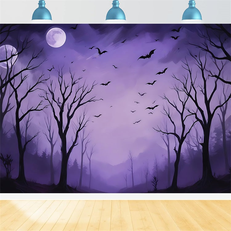 Halloween Toile de fond Forêt hantée avec nuit violette et chauves-souris BRP10-217