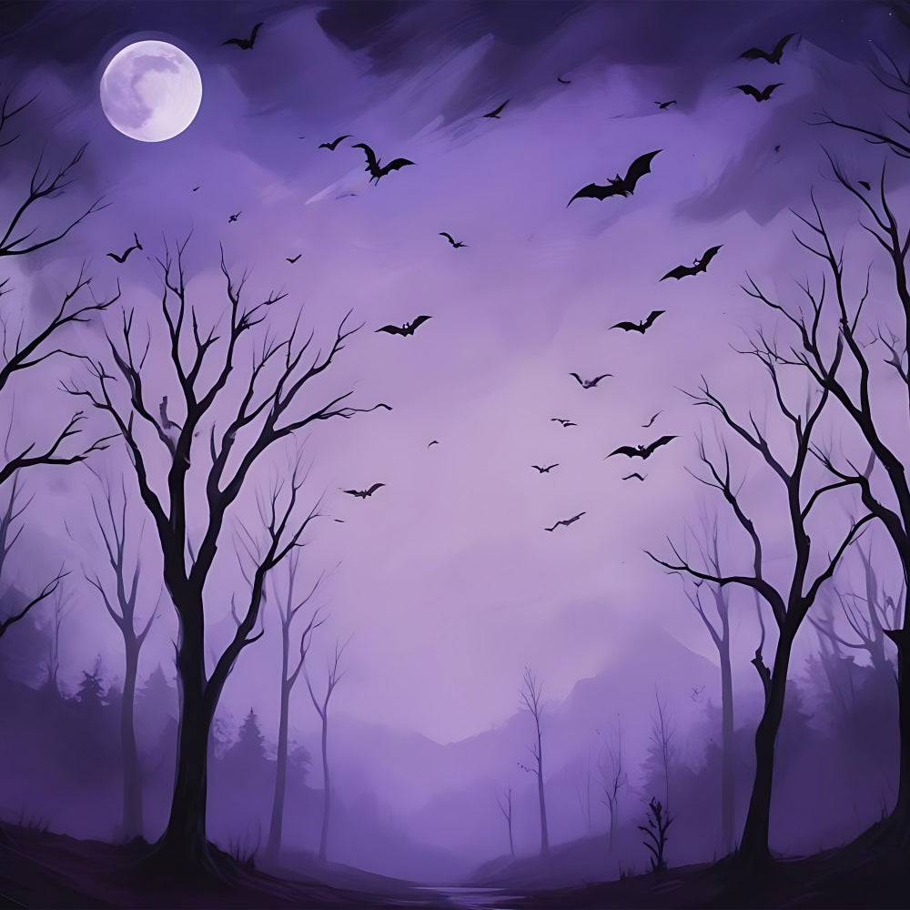 Halloween Toile de fond Forêt hantée avec nuit violette et chauves-souris BRP10-217