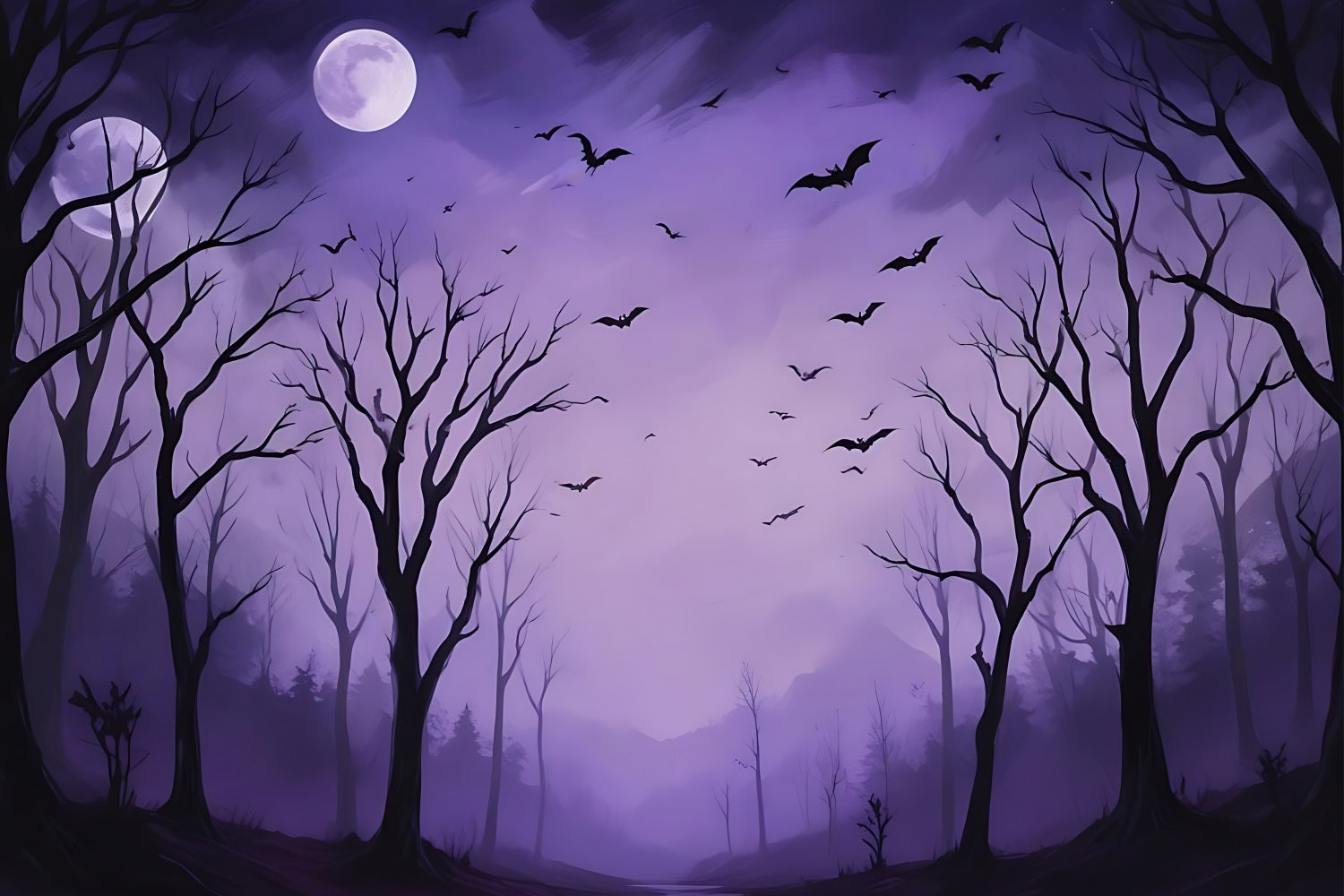 Halloween Toile de fond Forêt hantée avec nuit violette et chauves-souris BRP10-217