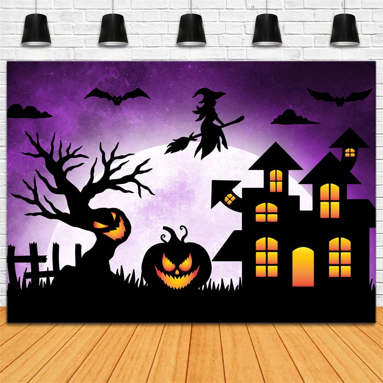 Halloween Toile de fond Sorcière sur balai avec manoir hanté BRP10-218