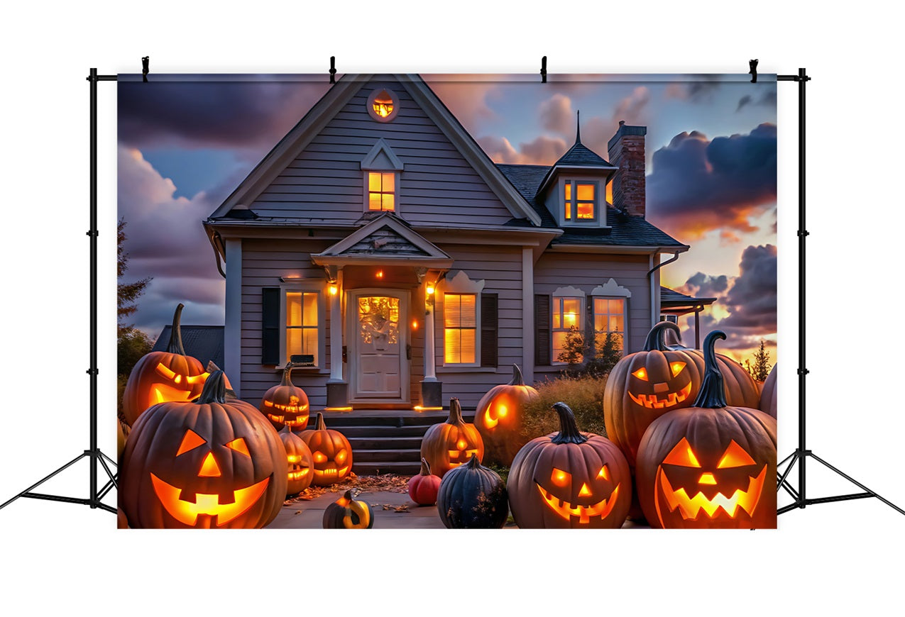 Halloween Toile de fond Crépuscule sur maison avec citrouilles BRP10-220