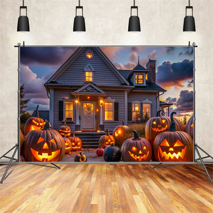 Halloween Toile de fond Crépuscule sur maison avec citrouilles BRP10-220