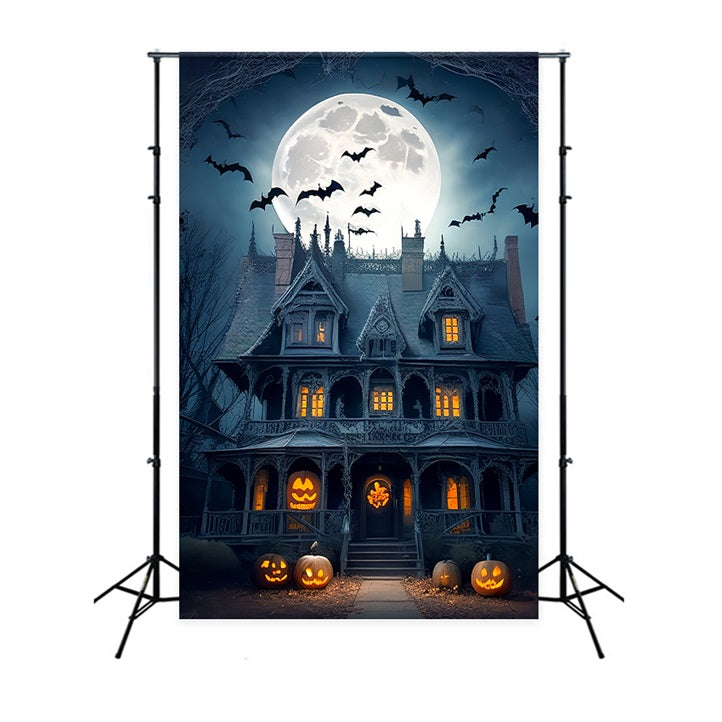 Halloween Toile de fond Manoir gothique sous pleine lune avec chauves-souris BRP10-222