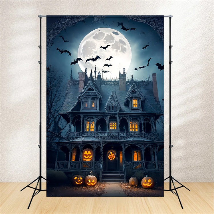 Halloween Toile de fond Manoir gothique sous pleine lune avec chauves-souris BRP10-222