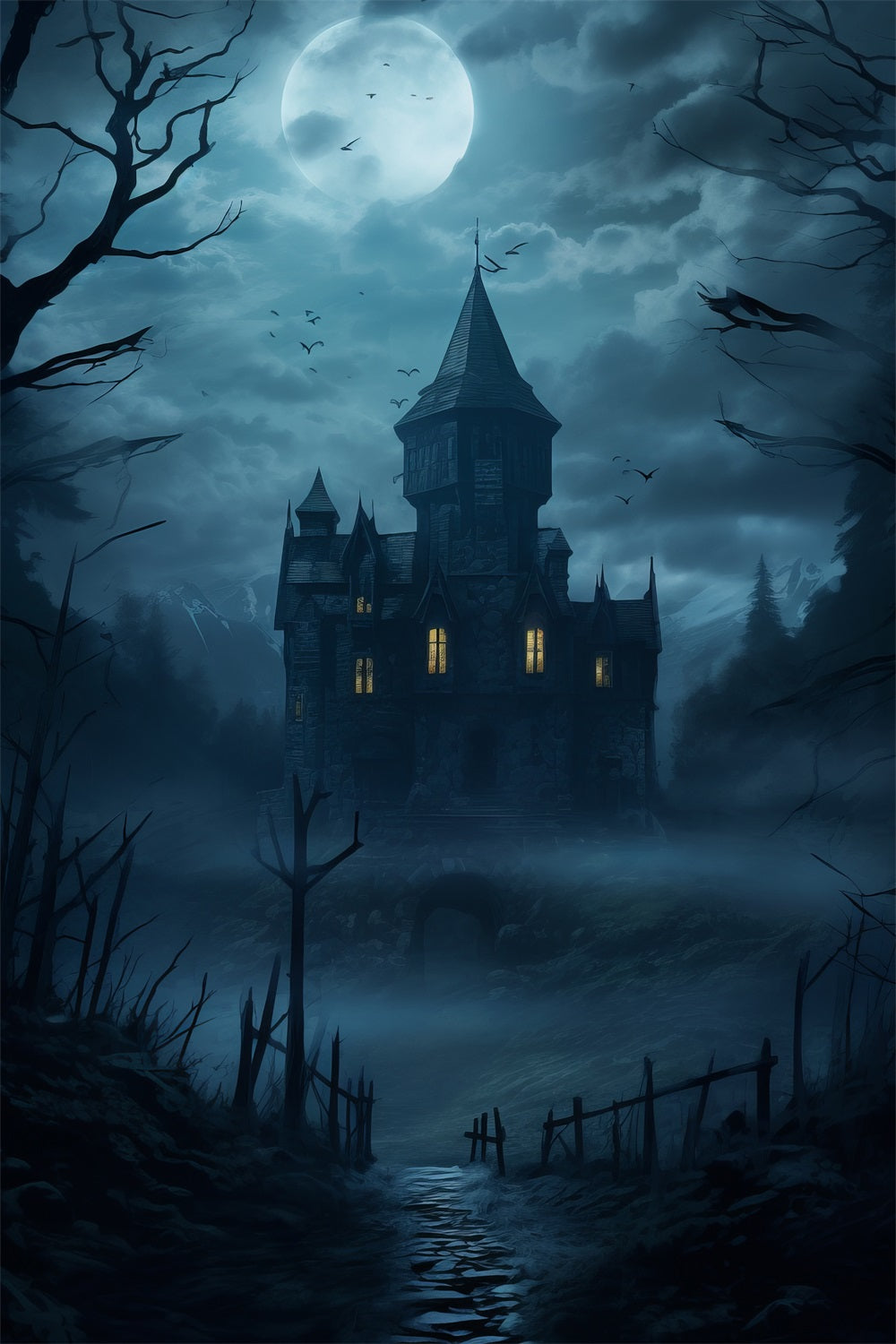 Halloween Toile de fond Château hanté sous nuit brumeuse BRP10-226