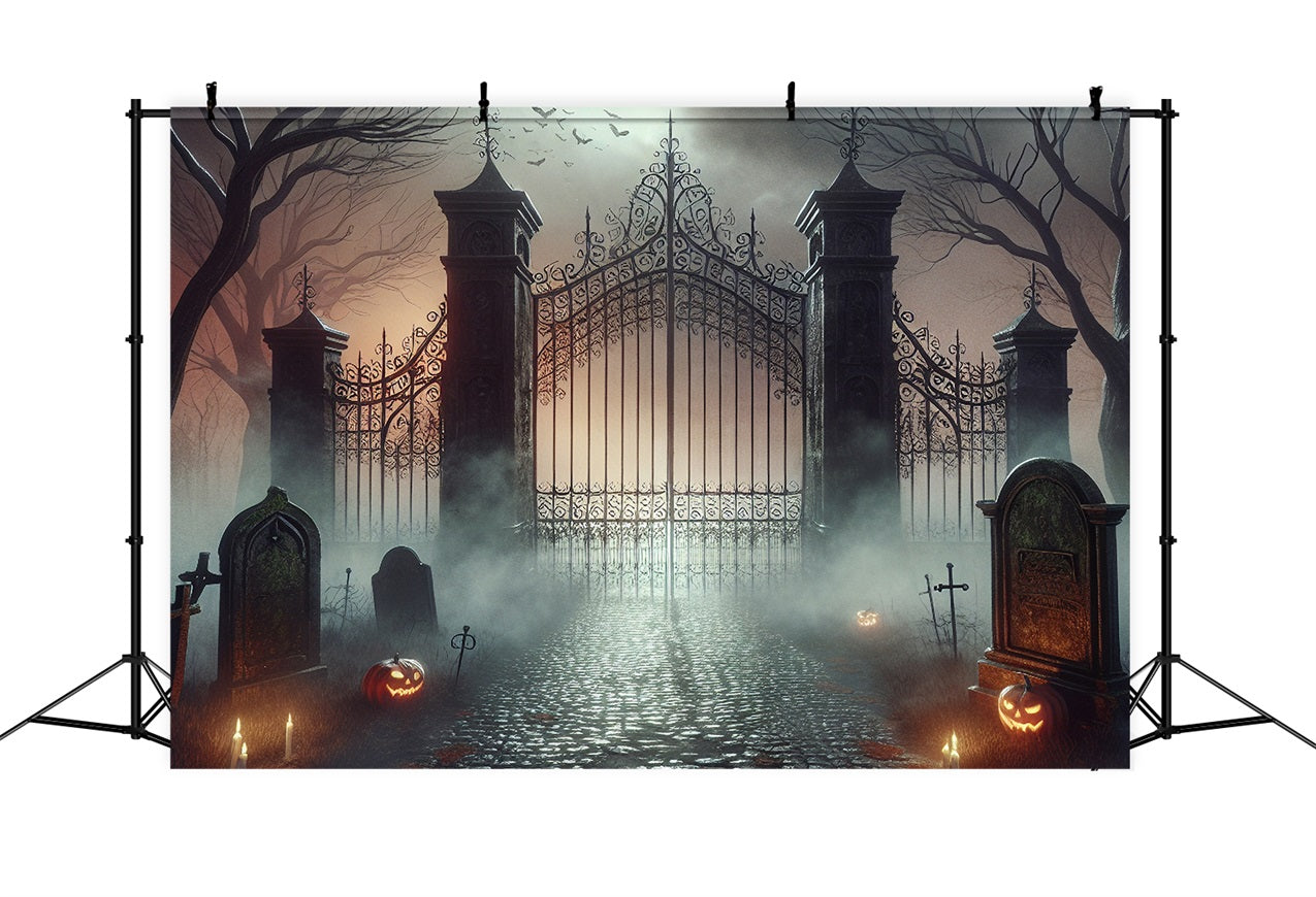 Halloween Toile de fond Cimetière brumeux et porte hantée BRP10-233