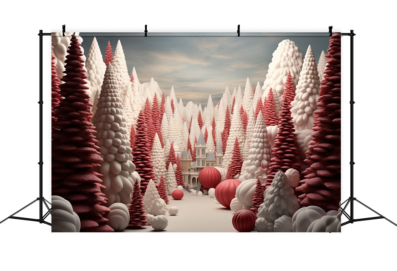 Toile de fond Chemin de forêt serein arbres de Noël rouges BRP10-25