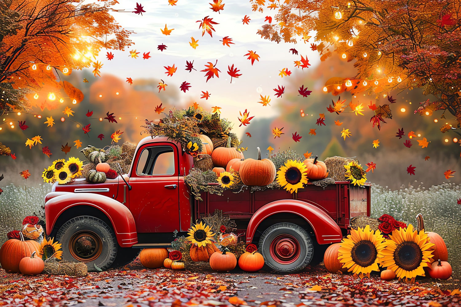 Automne Toile de Fond Camion Rouge Tournesols Citrouilles BRP10-256