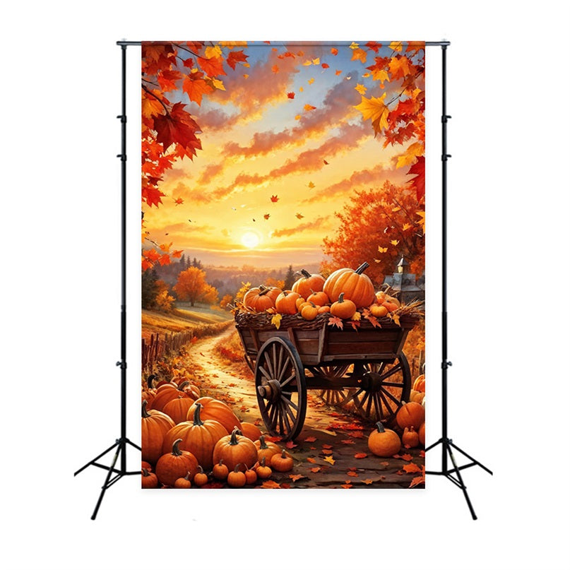 Automne Toile de Fond Chariot à Citrouilles Chemin Coucher de Soleil BRP10-264