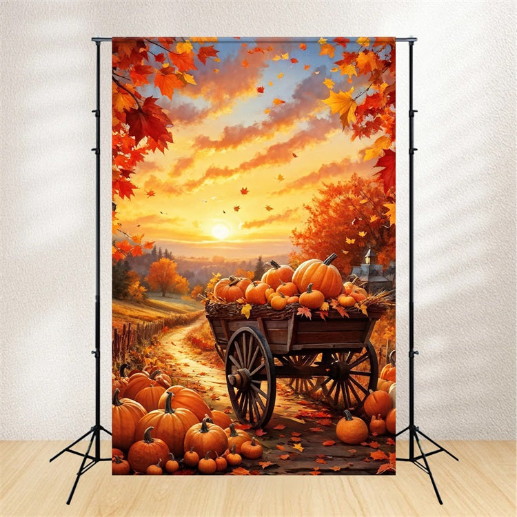 Automne Toile de Fond Chariot à Citrouilles Chemin Coucher de Soleil BRP10-264