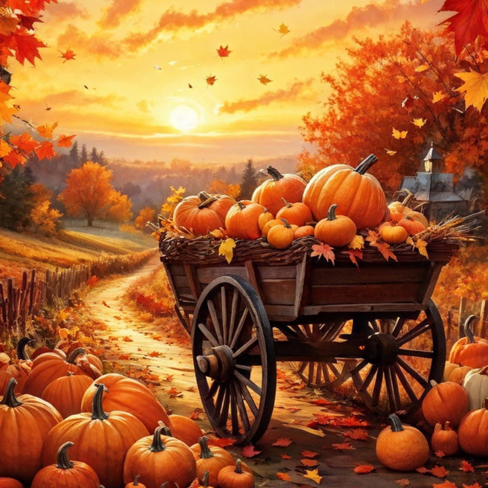 Automne Toile de Fond Chariot à Citrouilles Chemin Coucher de Soleil BRP10-264