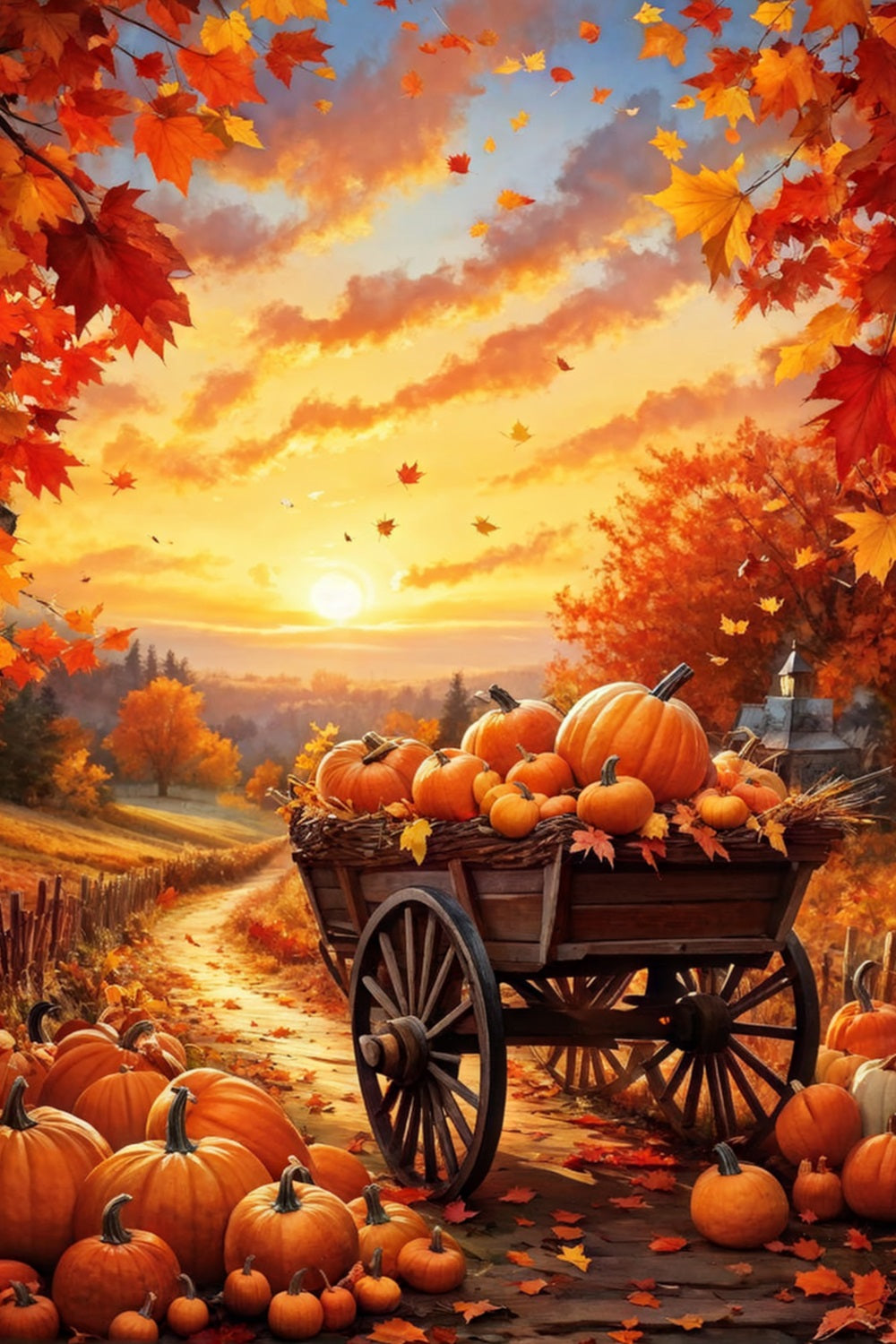 Automne Toile de Fond Chariot à Citrouilles Chemin Coucher de Soleil BRP10-264