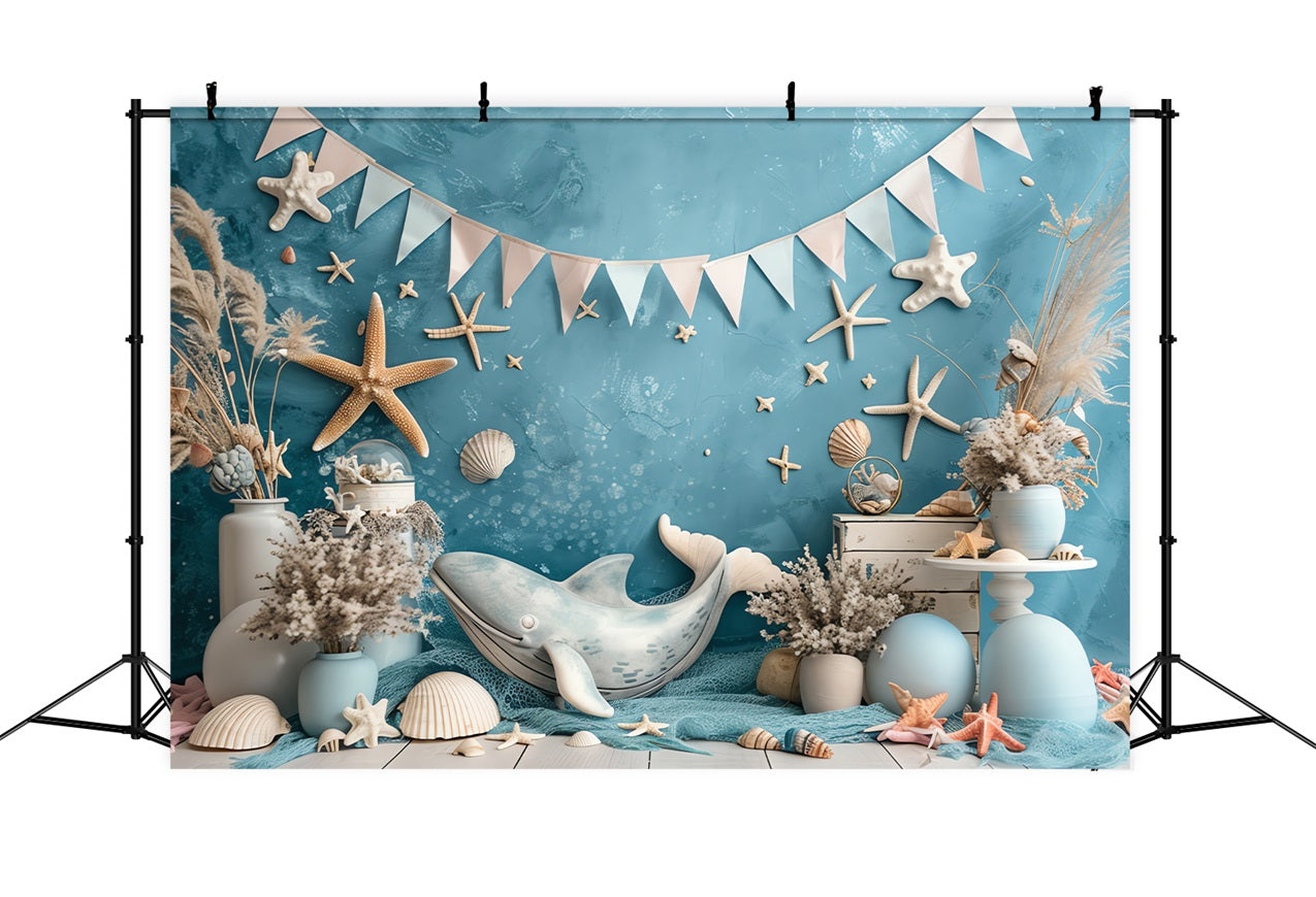 Toile de Fond Anniversaire Fête Mer Baleine Étoiles de Mer Coquillages BRP10-306