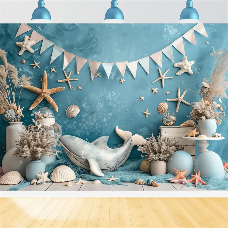 Toile de Fond Anniversaire Fête Mer Baleine Étoiles de Mer Coquillages BRP10-306