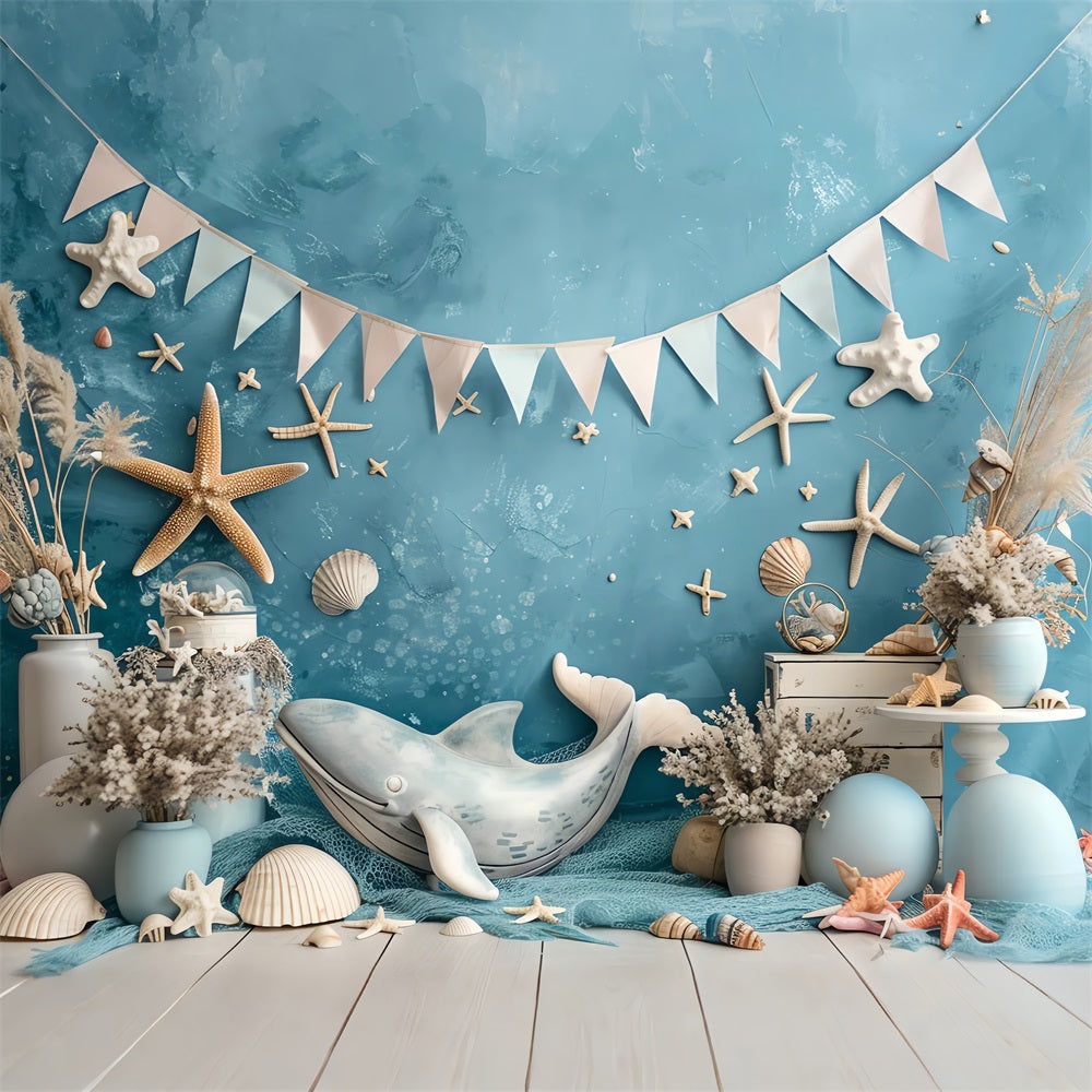 Toile de Fond Anniversaire Fête Mer Baleine Étoiles de Mer Coquillages BRP10-306