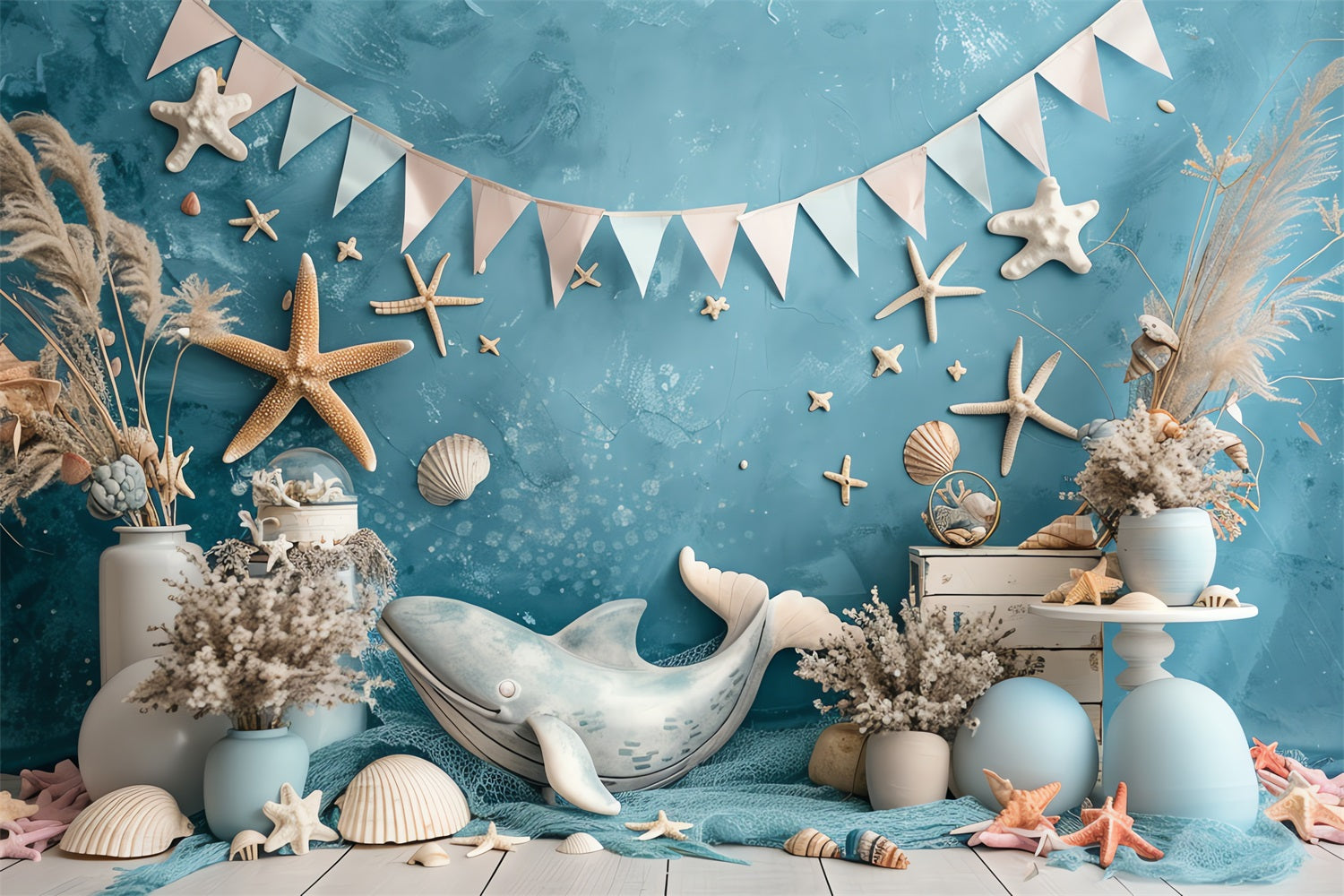 Toile de Fond Anniversaire Fête Mer Baleine Étoiles de Mer Coquillages BRP10-306