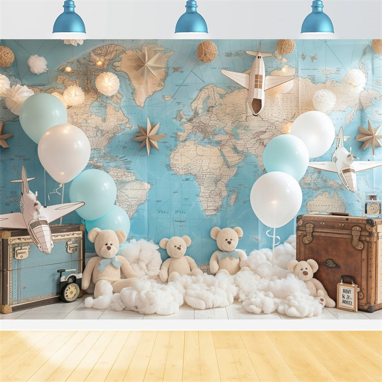 Toile de Fond Anniversaire Ourson Carte du Monde BRP10-315