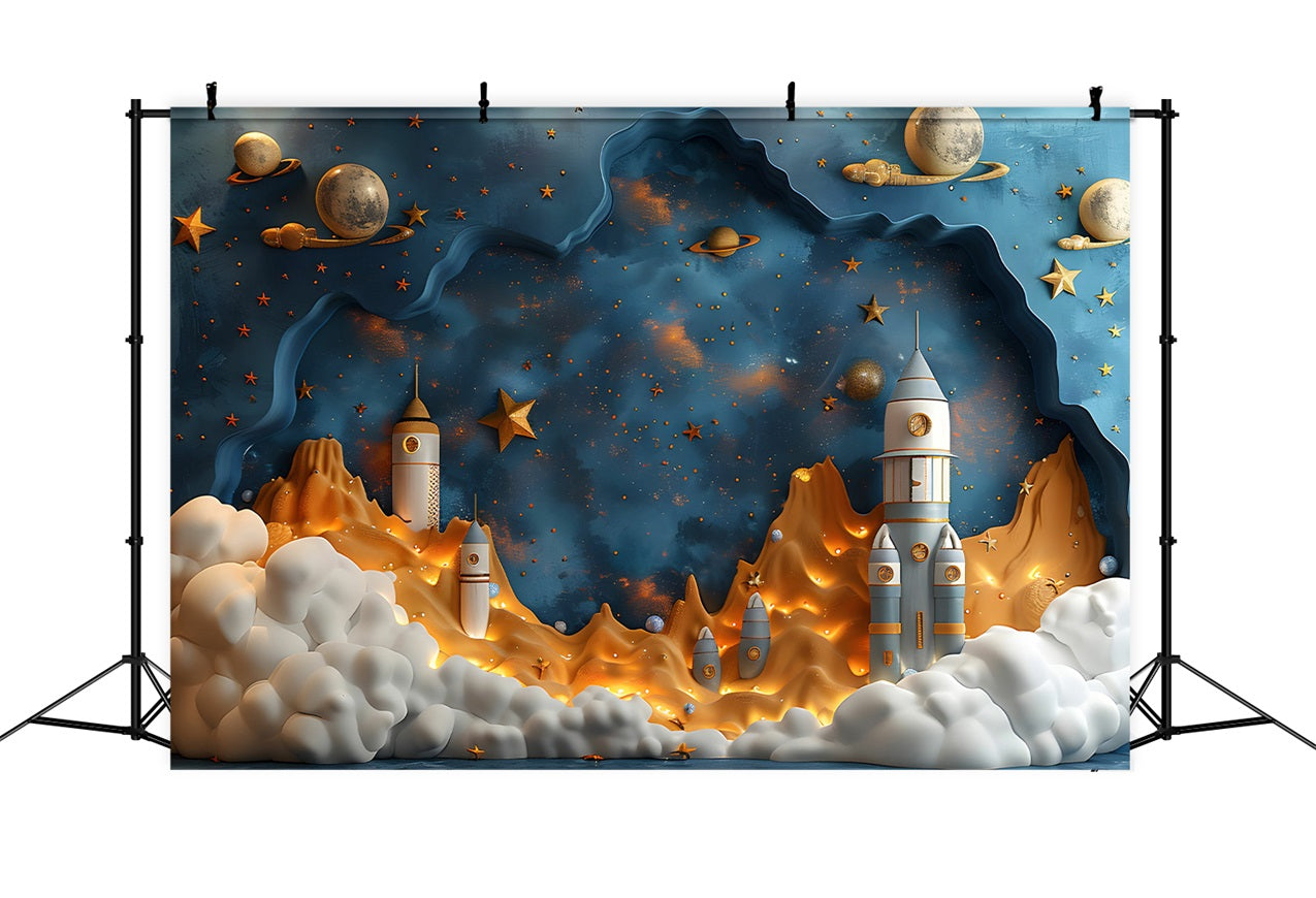 Toile de Fond Anniversaire Galactique Planètes Fusées Fête BRP10-326