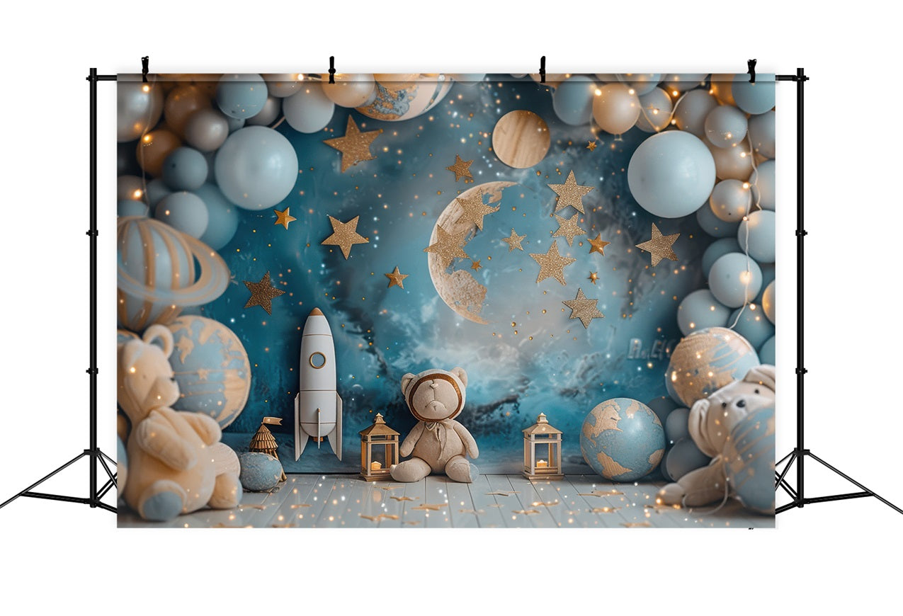 Toile de Fond Anniversaire Décoration Spatiale Ourson Fusée Ballon BRP10-332