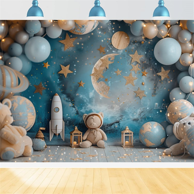 Toile de Fond Anniversaire Décoration Spatiale Ourson Fusée Ballon BRP10-332