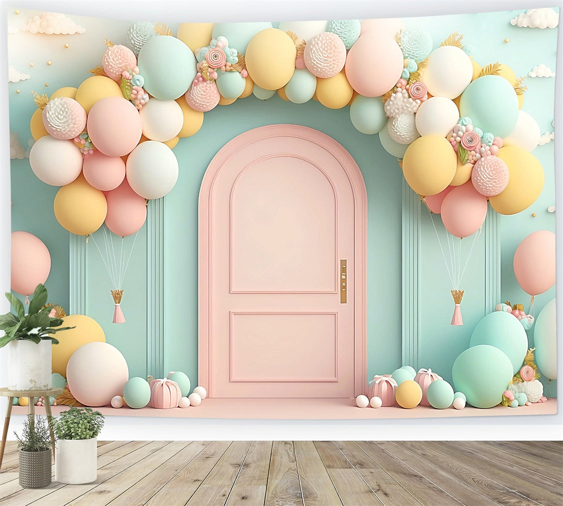 Toile de Fond Joyeux Anniversaire Arc de Ballons Porte Rose BRP10-347