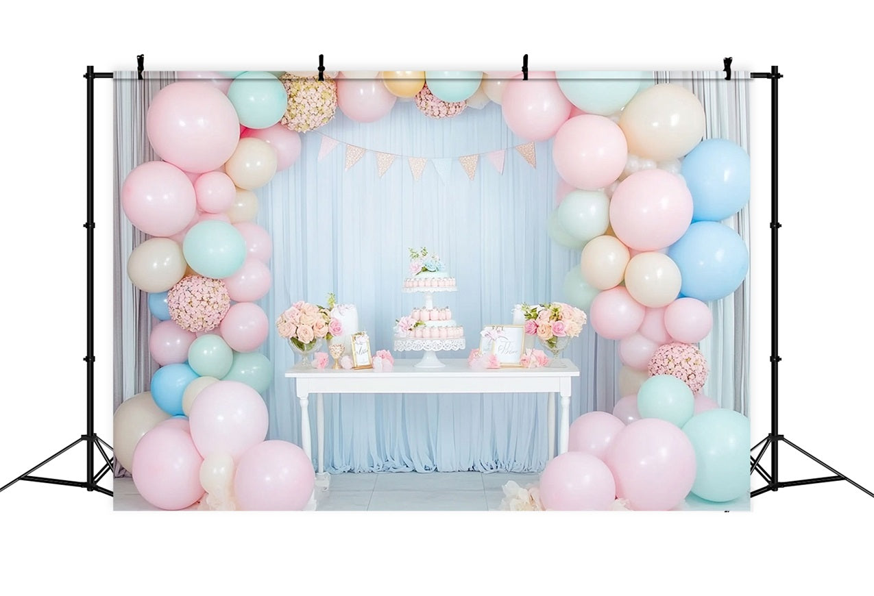 Toile de Fond Anniversaire Arc de Ballons Table de Gâteau BRP10-351