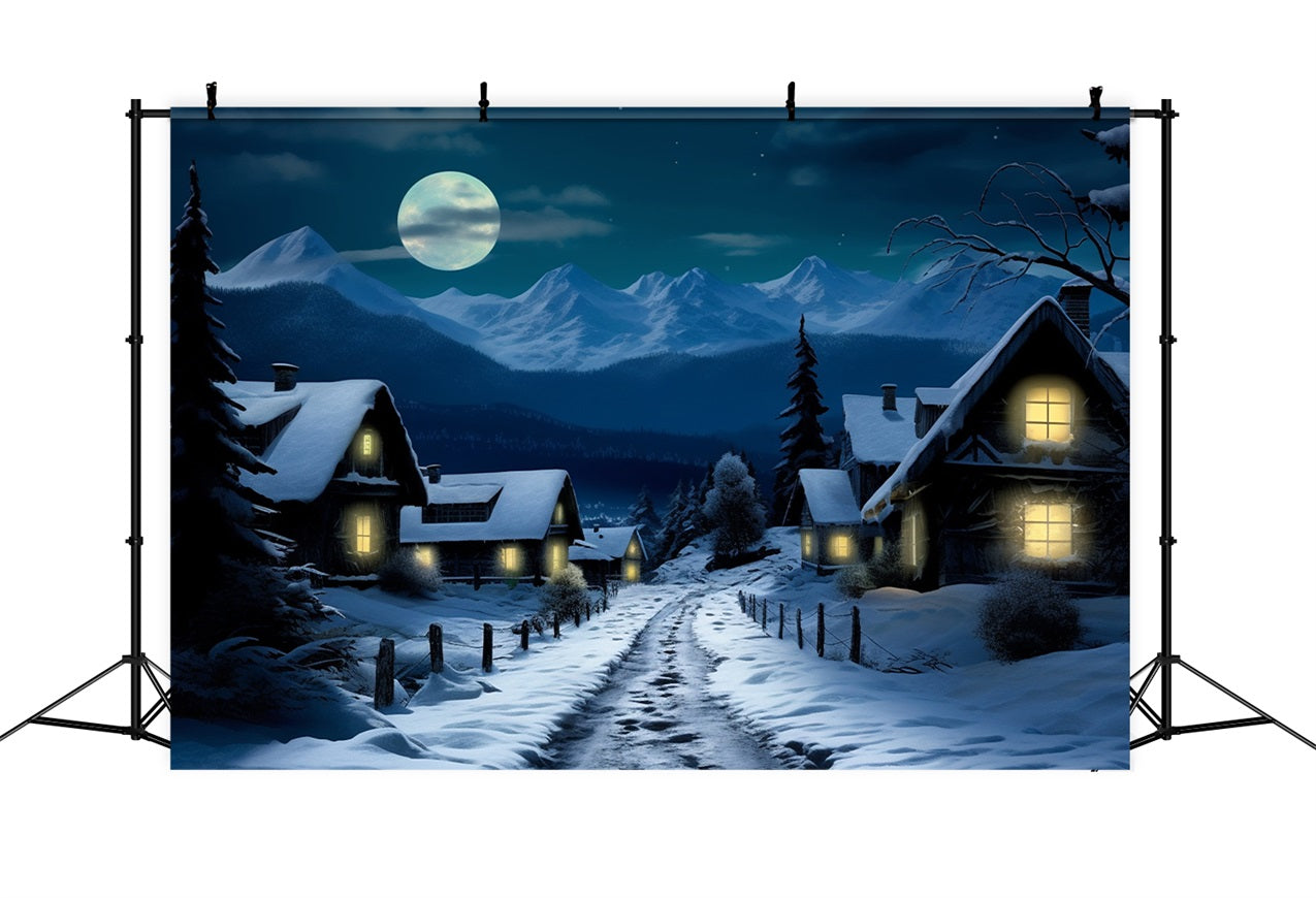 Toile de fond Village enneigé sous pleine lune BRP10-38