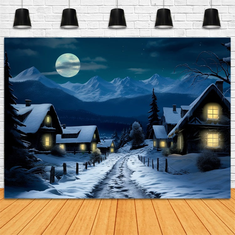 Toile de fond Village enneigé sous pleine lune BRP10-38