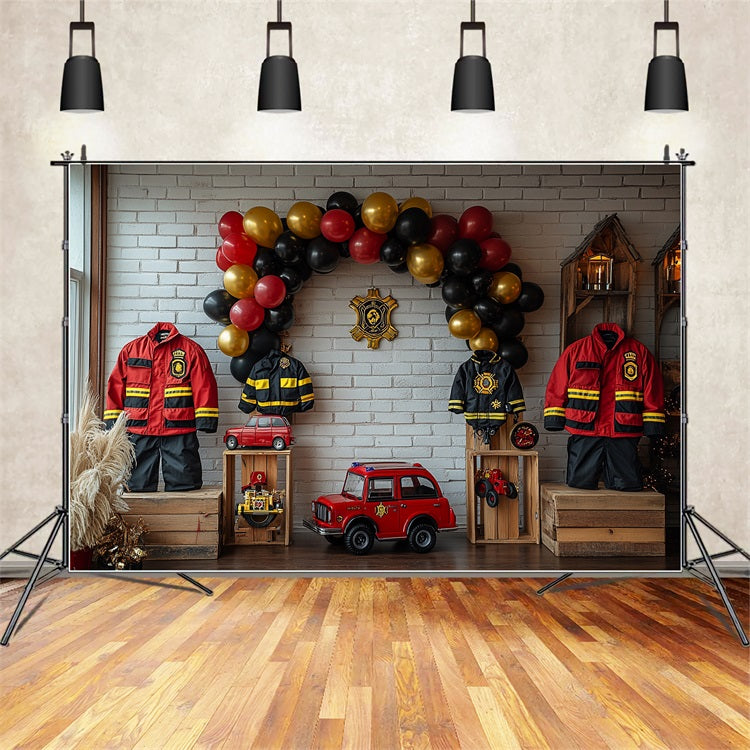 Toile de Fond Anniversaire Fête Pompiers Uniformes Ballons Camion BRP10-403