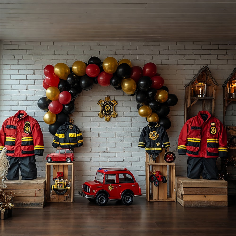 Toile de Fond Anniversaire Fête Pompiers Uniformes Ballons Camion BRP10-403