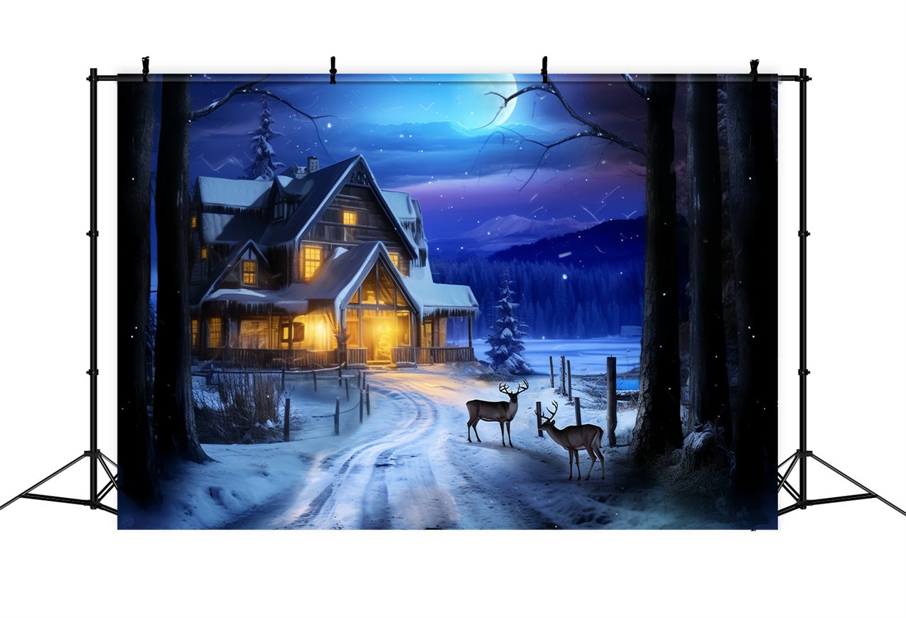 Toile de fond Cabane nocturne cerf sous clair de lune BRP10-41