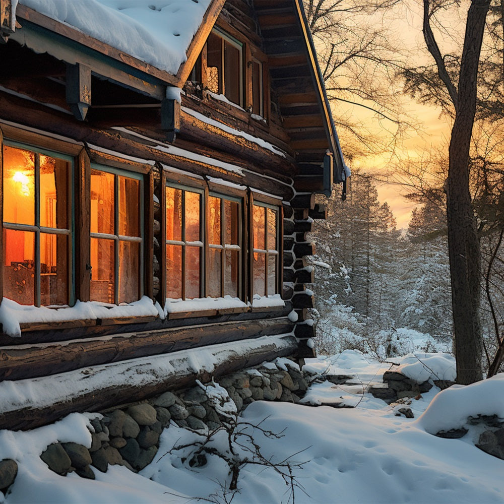 Toile de fond Coucher de soleil sur cabane enneigée BRP10-45