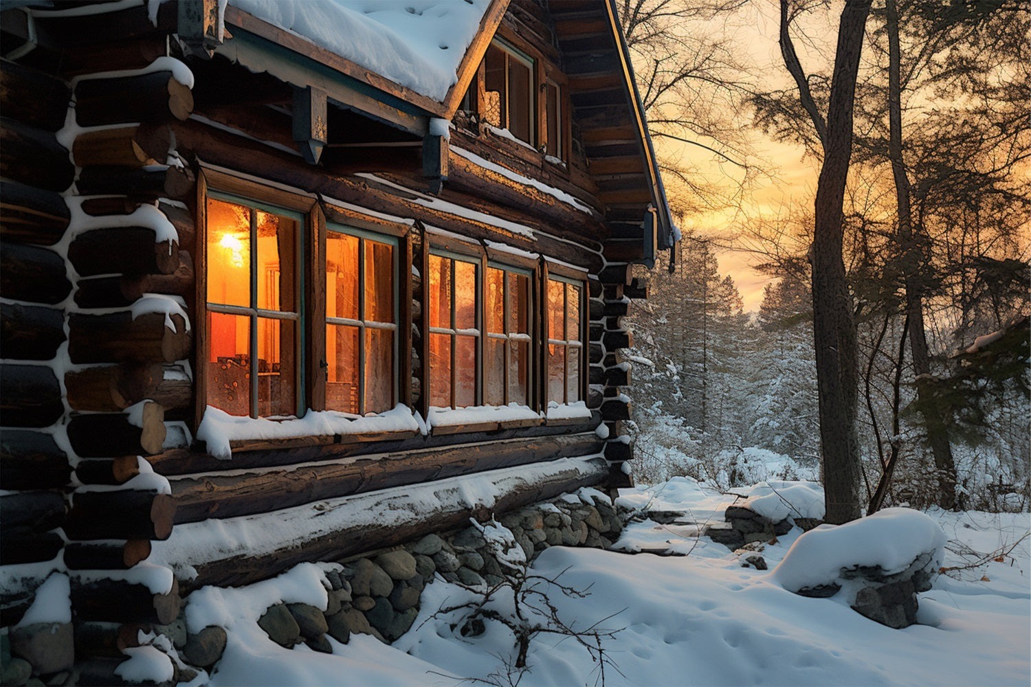 Toile de fond Coucher de soleil sur cabane enneigée BRP10-45