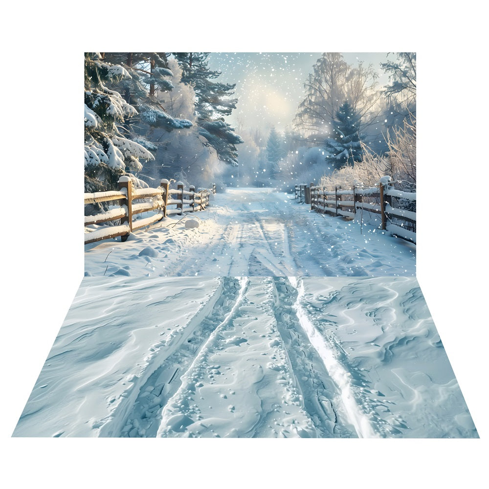 Toile de Fond de Sentier avec Clôture Enneigée Hivernale + Sol de Traces BRP10-456