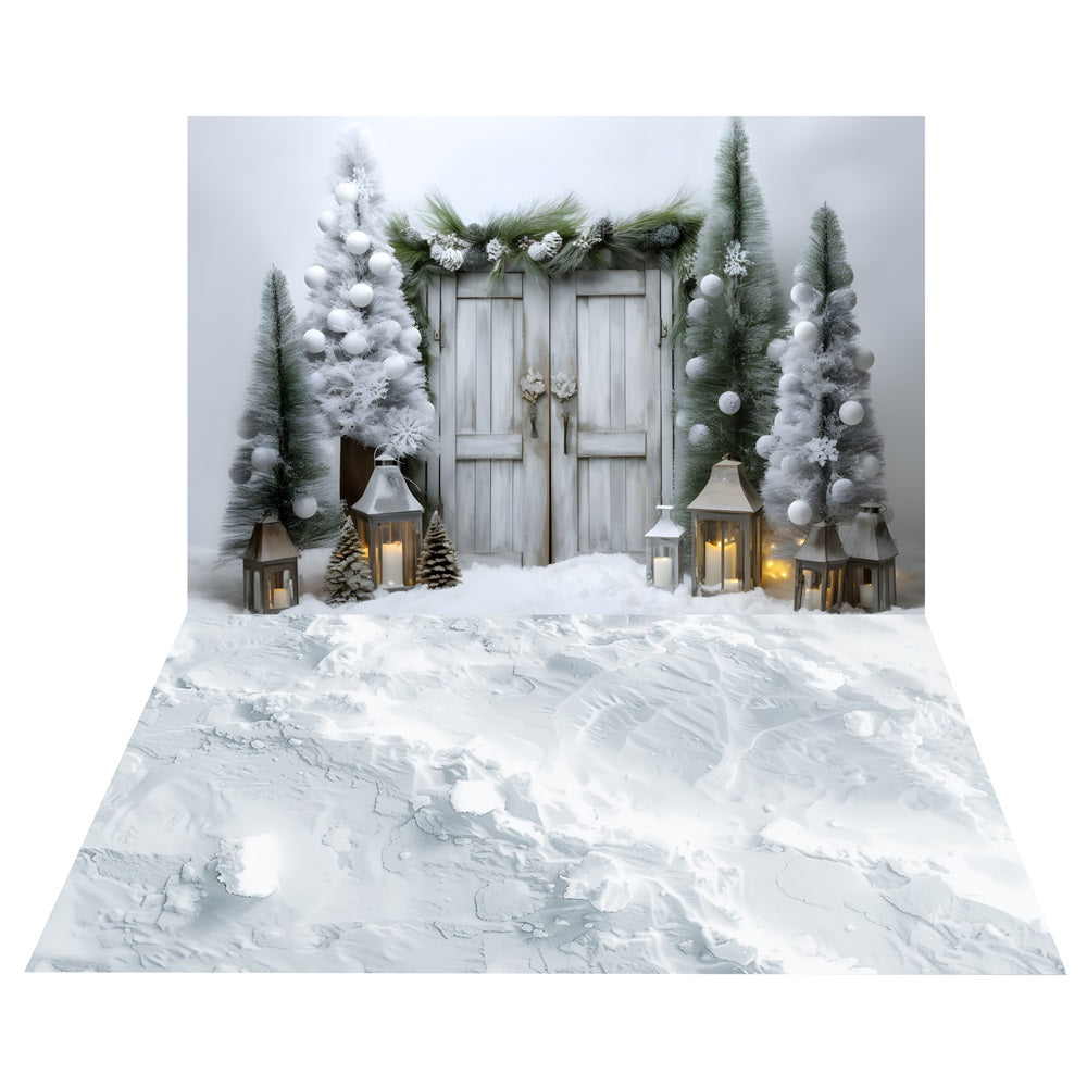 Toile de Fond de Porte en Bois Givrée Hivernale + Sol Enneigé BRP10-470