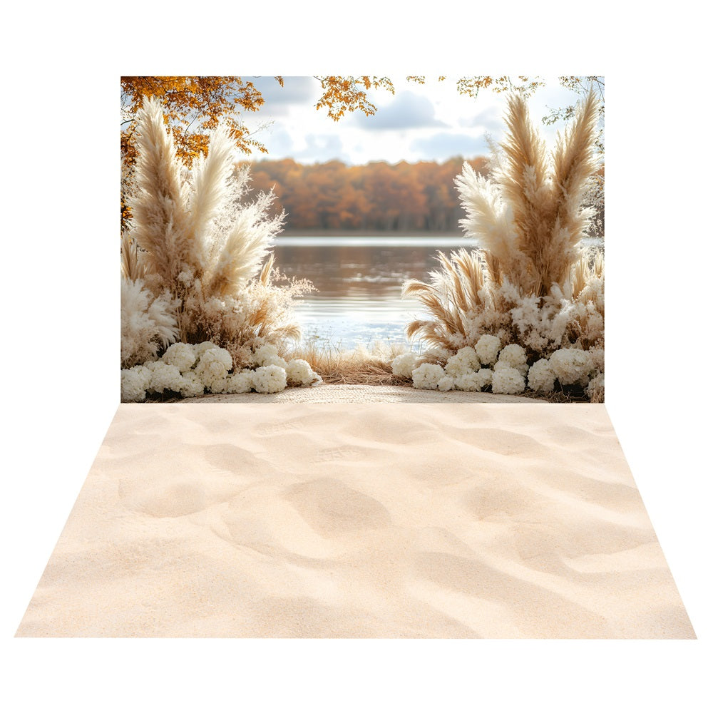 Toile de Fond Boho de Scène de Pampas au Bord du Lac + Sol avec Texture de Sable BRP10-479