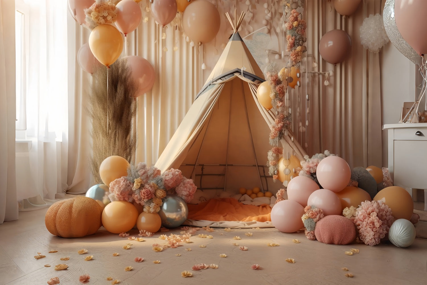 Toile De Fond Bohémien Fête Tipi Floral Ballons BRP10-599