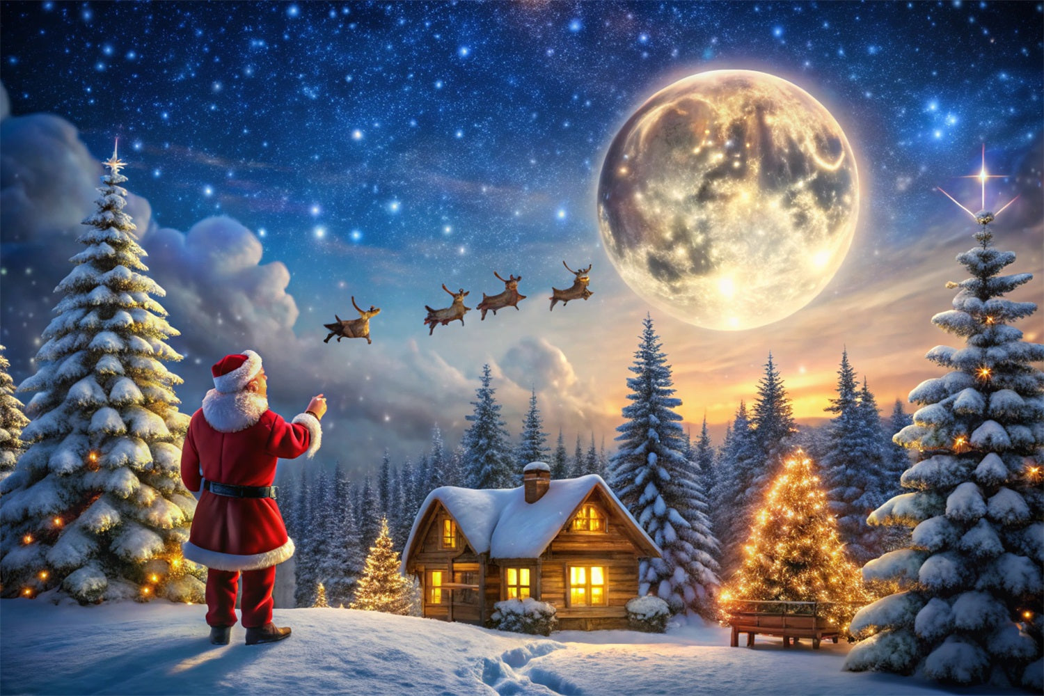 Toile de fond Cabane Clair De Lune Magie Du Père Noël BRP11-122