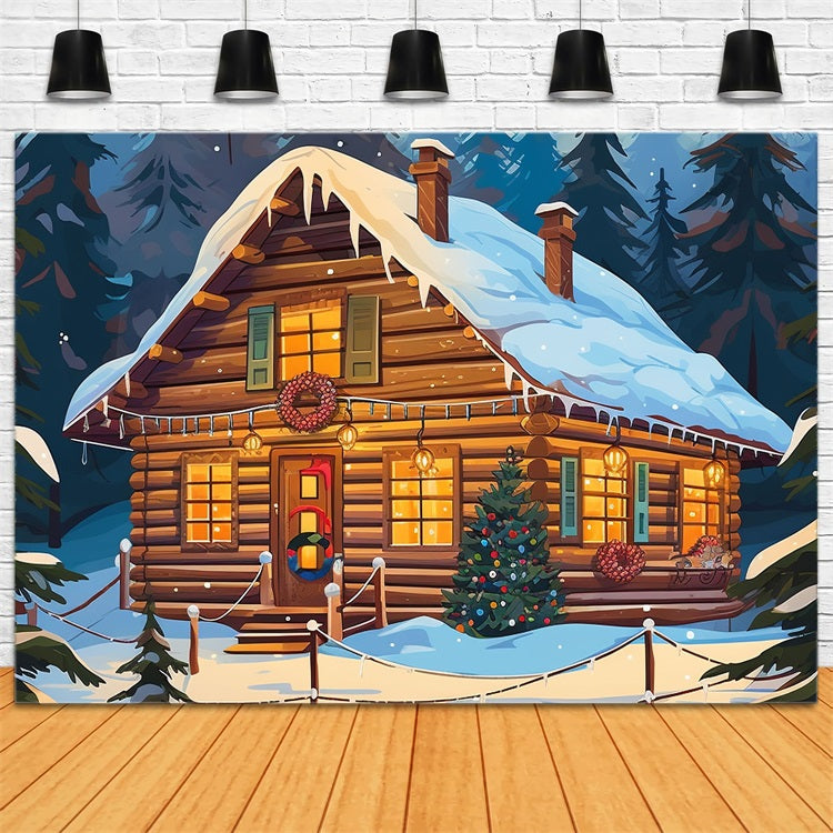 Toile de fond de Noël Cabane Forêt Enneigée BRP11-156