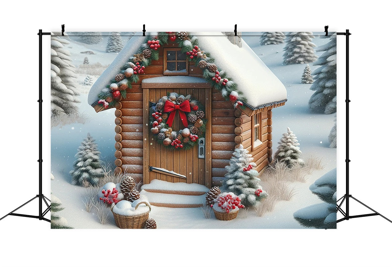 Toile de fond de Noël Cabane Enneigée avec Couronne BRP11-157