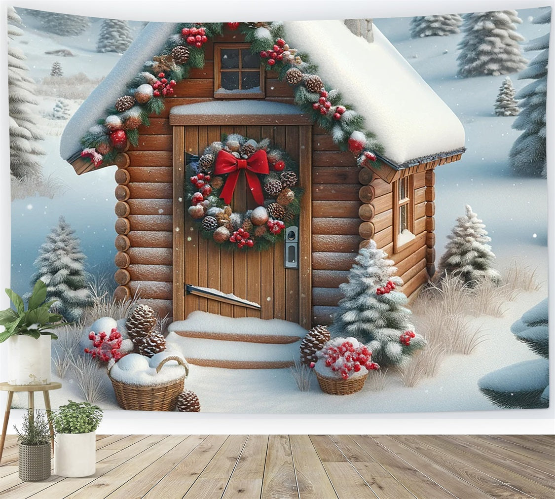 Toile de fond de Noël Cabane Enneigée avec Couronne BRP11-157