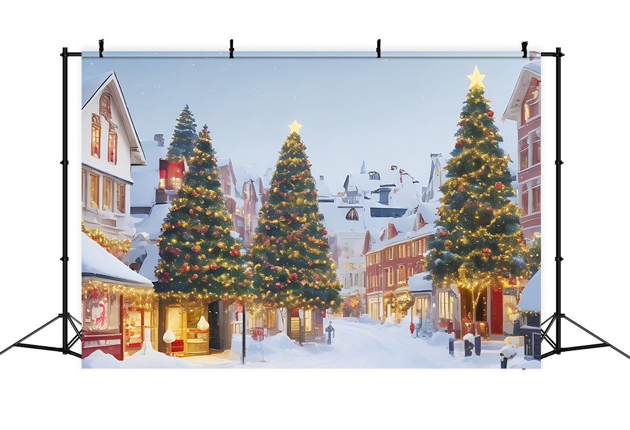 Toile de fond de Noël Village Enneigé et Arbres Illuminés BRP11-166