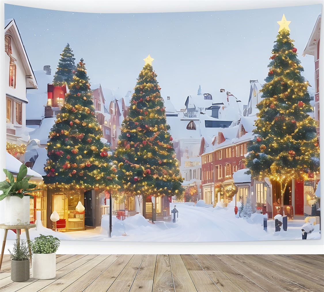 Toile de fond de Noël Village Enneigé et Arbres Illuminés BRP11-166